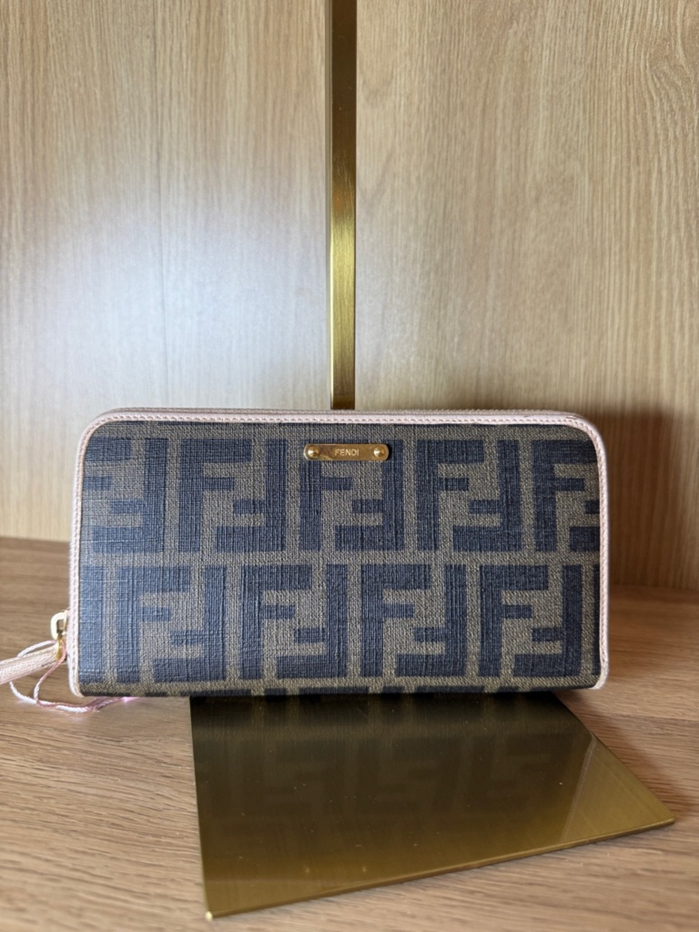 Fendi Brown FF Monogram Zip Wallet with Pink Trim